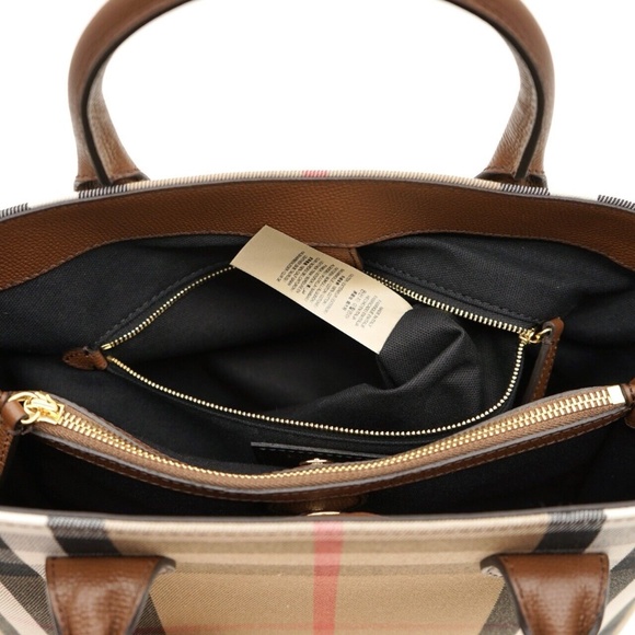 Burberry Banner Medium Tote Shoulder Bag Check Canvas Tan New - Picture 8 of 10